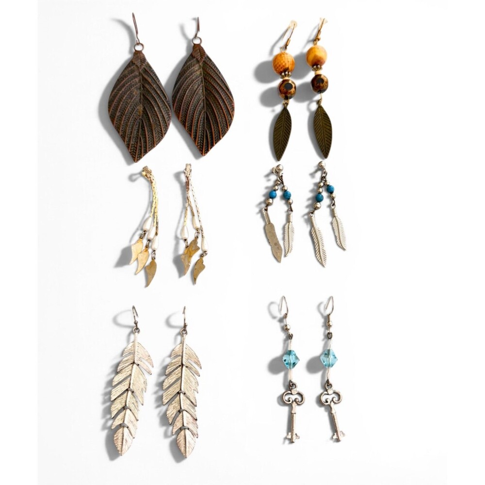 Lot of 6 Pairs Boho Dangle Earrings Leaf Feather Key Beads Nature Theme